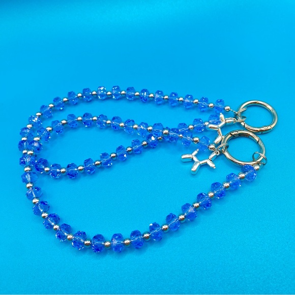 💙Sparkly Bling Crystal Glass Bead Wristlet Keychain Phone Bag Charm Lanyard Blue - Picture 3 of 16